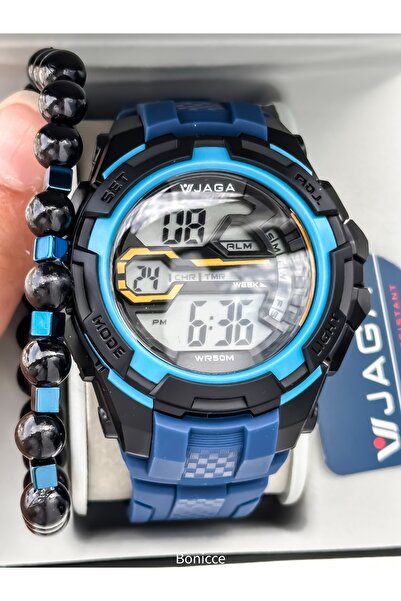Jaga 50mm Pool Sea Use,With Light,With Calendar,With Stopwatch Navy Blue Silicone Digital Sport Men Wrist Watch