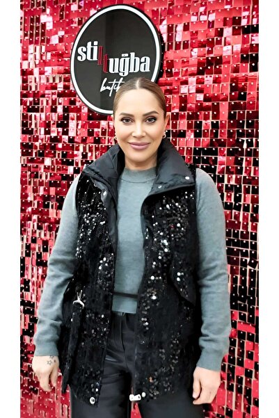 STLB Payetli Fermuarlı Kadife Yelek