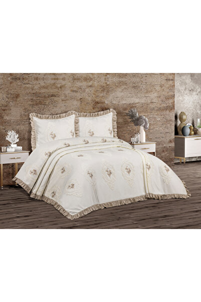 ESTİMA Aslan Tekstil طقم بيكيه مزدوج مكشكش من ألميرا 260x260 سم - كريمي