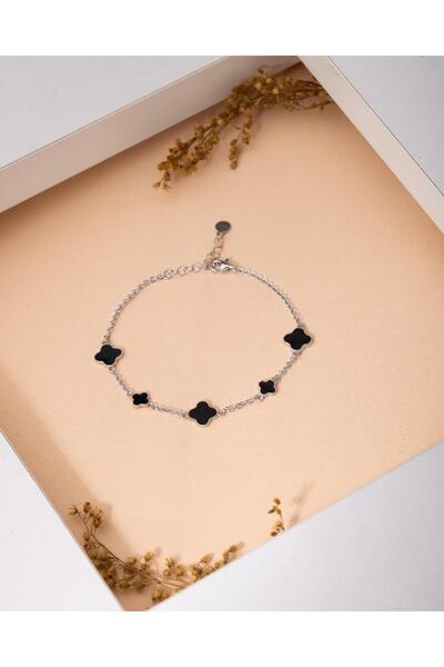 Roza Silver 925 Ayar Rodyum Siyah Mineli Yonca Charm Gümüş Bileklik