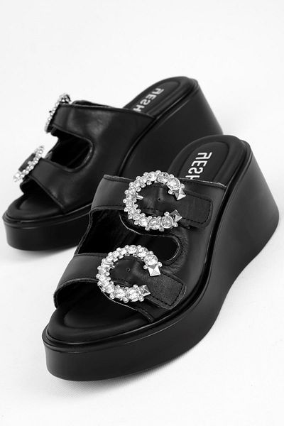 Lal Shoes & Bags Sebari Women's Genuine Leather Stone Buckle Detailed Wedge Heeled Slippers-Black