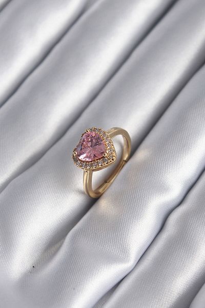 Skygo Brass Gold Color Pink Zircon Stone Heart Charm Model Women's Ring - TJ-BYK2955