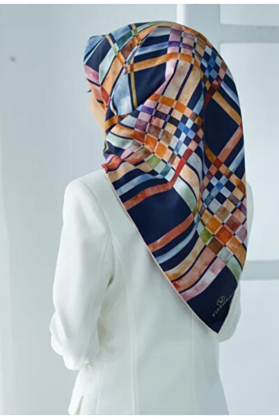 Vissona 100% копринен кариран шал в тъмносин цвят - цвят таба, 90x90, ръчно ш...