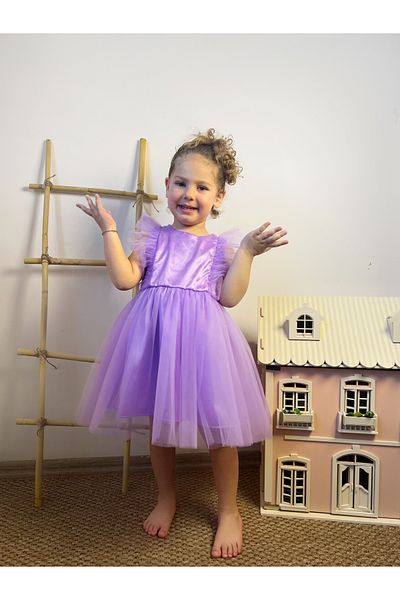 penu baby kids Lilac Foil Printed Sleeveless Tulle Ruffled Bow Girl's Baby Girl Dress