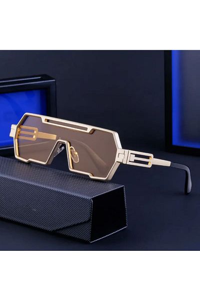 REDz Accessories Metal Punk Sunglasses, Retro, UV400 Protection, Brown Lenses, Metal Arms, Gold