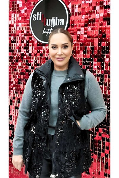 STLB Payetli Fermuarlı Kadife Yelek