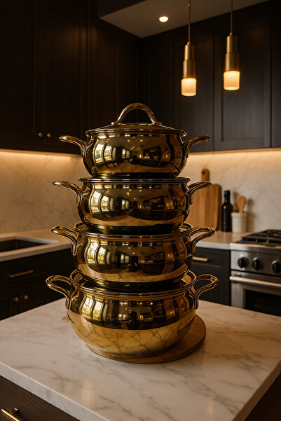 Davet 8 Parça Gold Paslanmaz Çelik Tencere Seti - Kapak Kulbu Gold Değildir