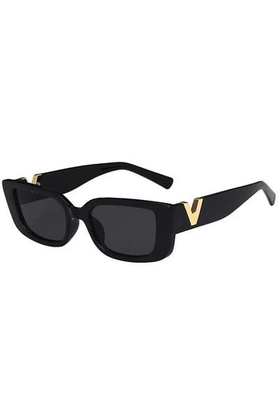 REDz Accessories Ochelari de soare dreptunghiulari, retro cu litera V, pentru femei, protecție UV400, negri