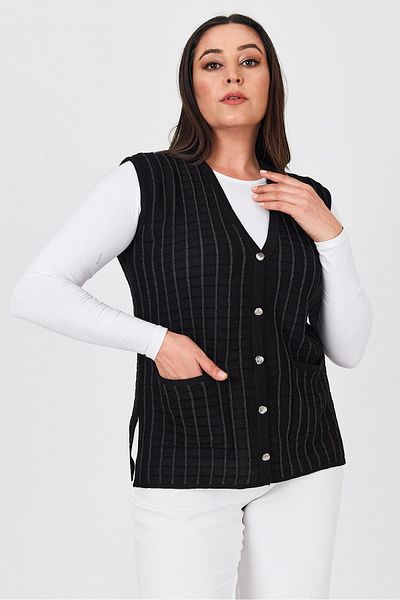 Uludağ Triko Women's Black Glittery Striped Seasonal Mother Summer Vest with Buttons and Pockets