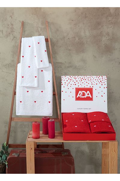 DNZ GÜLCAN TEKSTİL 1 Piece 30X50Cm 1 Piece 50X90Cm 1 Piece 70X140Cm 3-Piece Towel Set Heart Turkish Bath Set (Red)