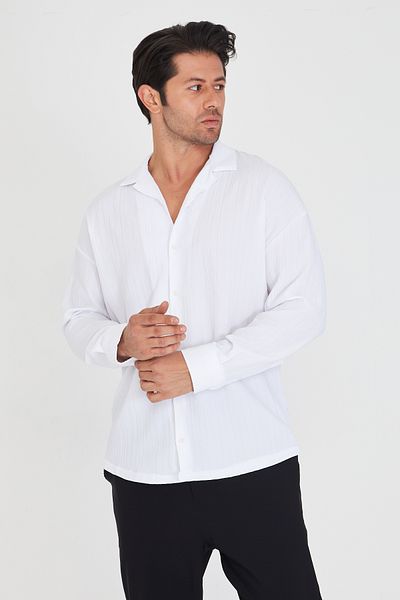 ZİNOX Men's Muslin Fabric Oversize Long Sleeve Lapel Collar Shirt