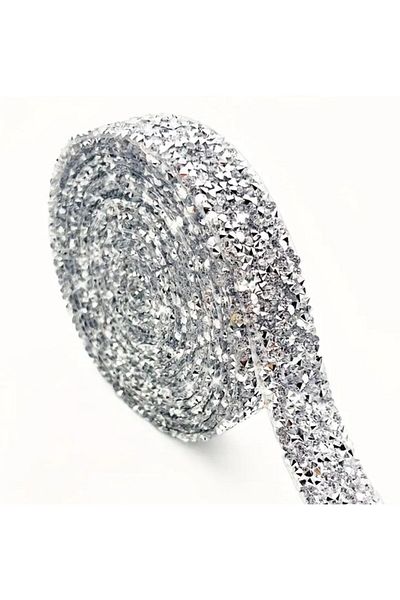 OZN AKSESUAR Iron-On Rhinestone Ribbon, Adhesive Rhinestone Ribbon Evening Dress Rhinestone Ribbon, Rhinestone Trim 2 Mt 1.5cm Silver