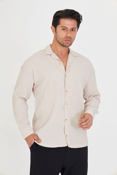 ZİNOX Men's Off Shoulder Twist Pattern Oversize Apaç Long Sleeve Collar Shirt