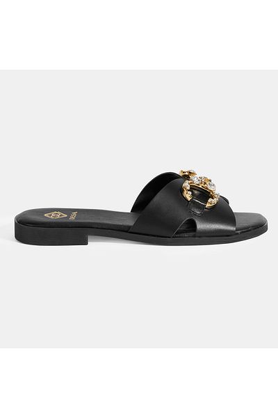 Desa Women's Black Stone Buckle Accessory Leather Slippers