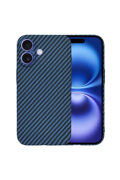 SKYDDAR INNOVATION Carcasă pentru iPhone 16, textură de carbon, carcasă din fibră de carbonită, cyan, set de autocolante