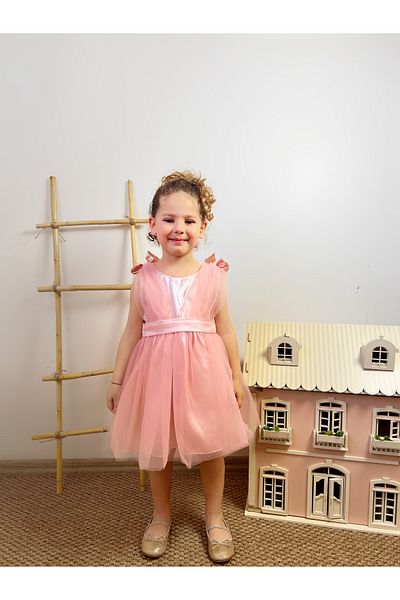 penu baby kids Powder Top Satin Back Big Bow Shoulder Small Bow Detail Tulle Girl Child Baby Girl Dress