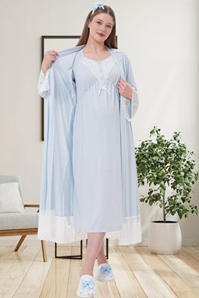 Mecit Pijama Mecit 6204 Mavi Hamile Lohusa Dantelli Sabahlık Gecelik Takım