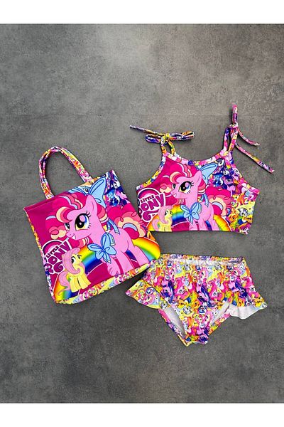 Arya Nisa Kids Girl's My Little Pony Printed Three Piece Summer 1St Pink Bikini Swimsuit Set with Quality Mold Bag
