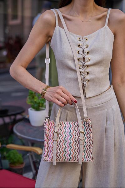 Madamra Multicolored Women's Straw Detailed Buckle Hand and Shoulder Bag