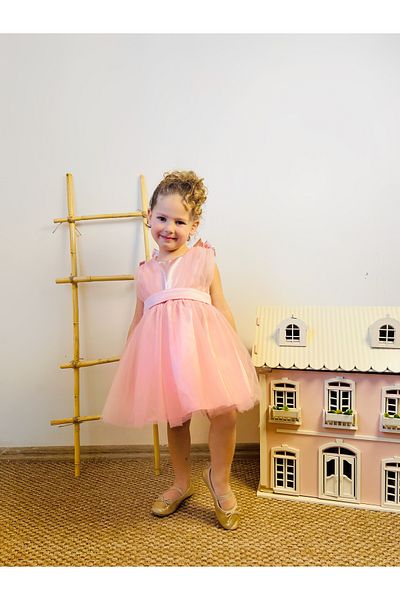 penu baby kids Powder Top Satin Back Big Bow Shoulder Small Bow Detail Tulle Girl Child Baby Girl Dress