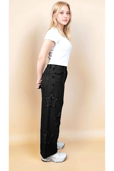 Asortik Kids Girl's Star Print Palazzo Jeans - Wide Leg, High Waist, 100% Cotton