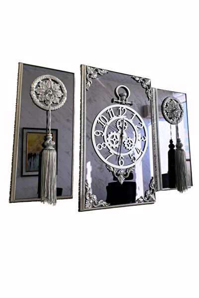 Arkenta 3Lü Gümüş Duvar Saati Takımı Dikdörgen Aynalı Çerçeveli Püsküllü , Wa...