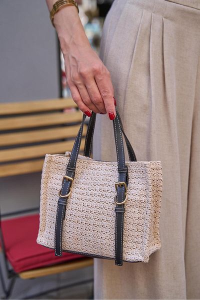 Madamra Cream-Black Women's Straw Detailed Buckle Hand and Shoulder Bag