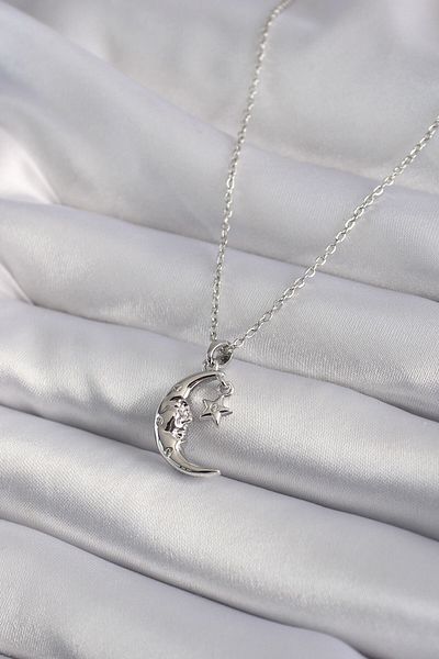 Skygo 316L Steel Silver Color Zircon Stone Moon Star Model Women's Necklace - TJ-BKO8345