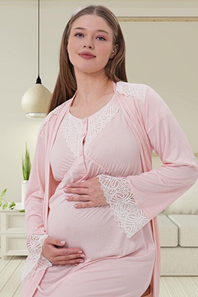 Mecit Pijama Mecit 6204 Ροζ Δαντελένιο Νυχτικό Σετ Ρόμπας Εγκυμοσύνης