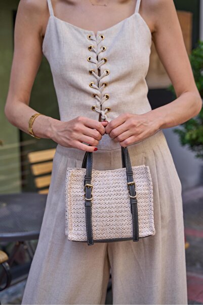 Madamra Cream-Black Women's Straw Detailed Buckle Hand and Shoulder Bag