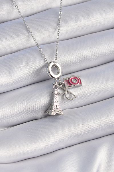 Skygo 316L Steel Silver Color Eiffel Tower Camera Model Charm Women's Necklace - Tj-Bko9307