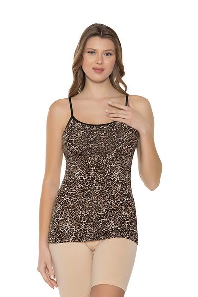 Kolcu Women's Thin Leopard Patterned Lycra Thin Rope Strap Premium Undershirt