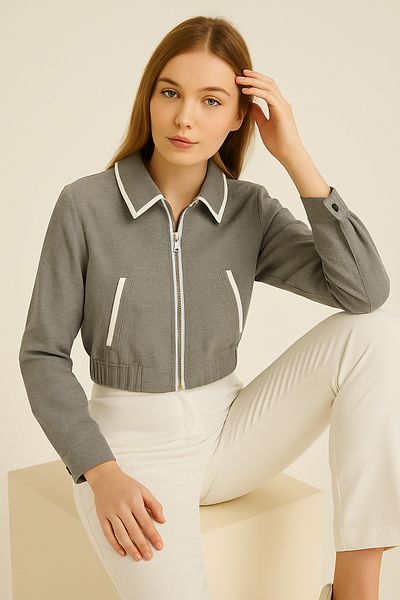 Giyim Dünyası Women's Lined Crop Jacket Gray