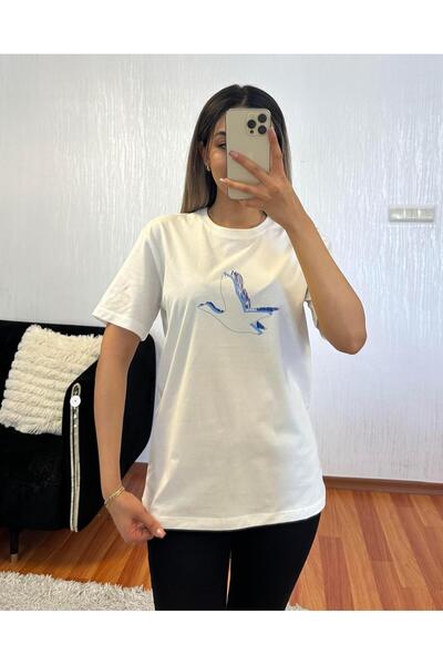 SHINE STYLE تي شيرت أبيض اللون مطبوع عليه طائر أزرق مكافئ للعلامة التجارية