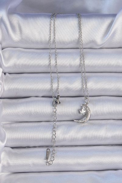 Skygo 316L Steel Chain Silver Color Zircon Stone Dangle Moon Star Necklace - Tj-Bko9062