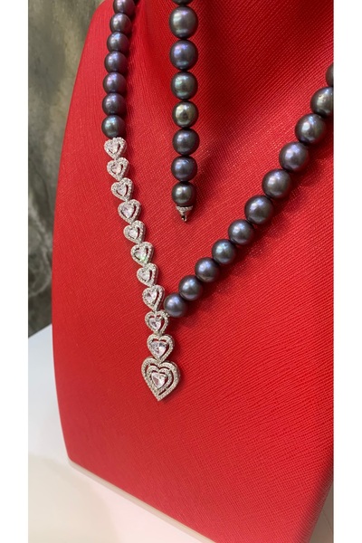 TRİA SİLVER Kalp Taş Detaylı Siyah İnci 925 Ayar Gümüş Kolye Küpe Yüzük Takım Kadın Takı Seti