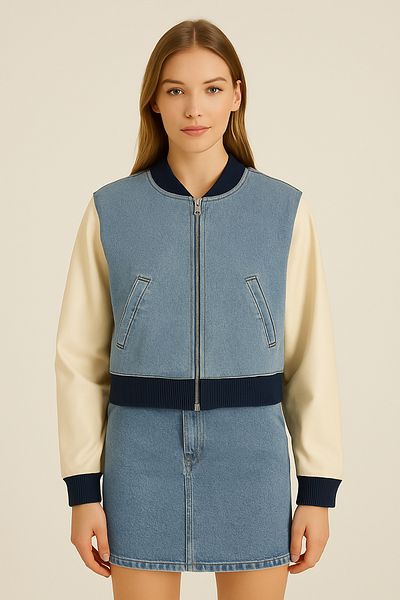 Giyim Dünyası Women's Sleeve Leather Denim Jacket Blue