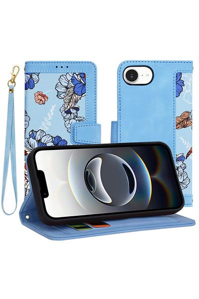 SKYDDAR INNOVATION Husă pentru iPhone 16e, portofel floral, din piele, buzunare pentru carduri, albastră, set de autocolante