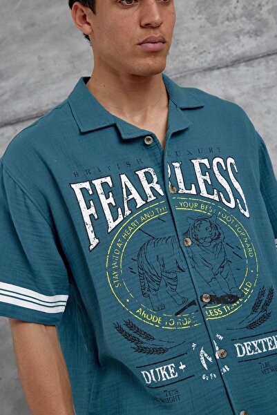 NOMARC Синя сорочка oversize з принтом FearLess