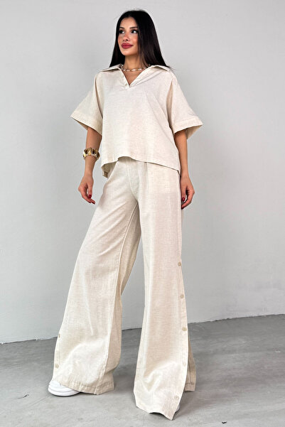 Cappmoda Tkm-25110 Cream Polo Collar Short Sleeve Blouse Button Detail Wide Leg Pants Summer Two-Piece Suit