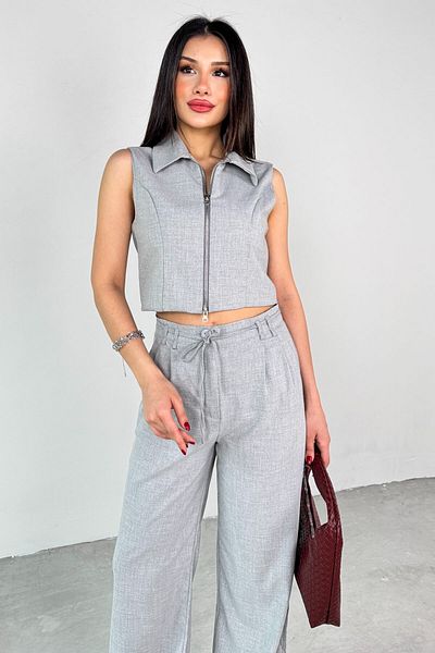 Cappmoda Tkm-25102 Gray Zero Sleeve Zippered Shirt Collar Vest High Waist Pants Two Piece Set