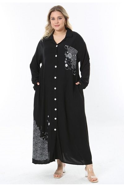 Şans Women's Plus Size Black, Front Length Button, Adjustable Sleeve, Long Dress 65N38959