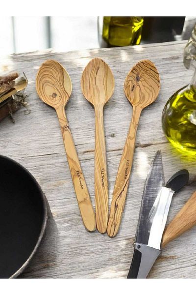 F&S WoodArt 3 Pieces of Erythe Olive Tree Natural Wooden Handmade Wooden Spoon Tablespoon 29 cm Cooking Spoon