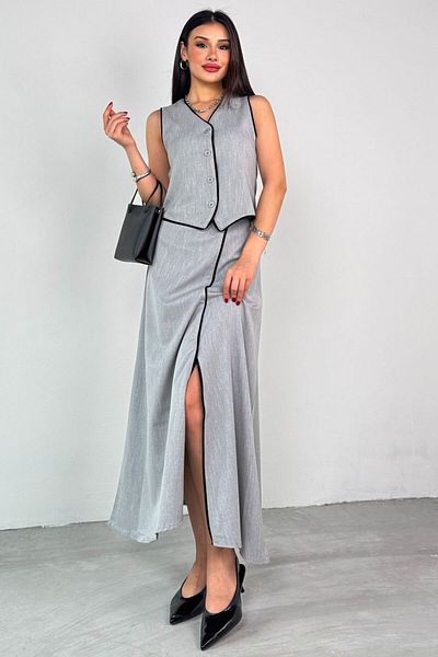 Cappmoda Tkm-25121 Gray Piping Detailed Zero Sleeve Vest Long Skirt Double Set