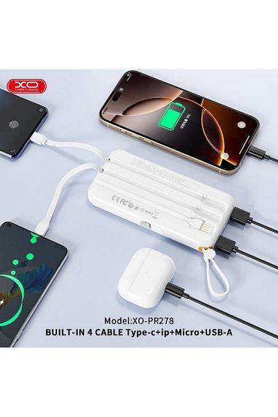 REDz Accessories Xo-pr278 Battery With 4 Integrated Cables, Powerbank 10,000mah, 3 Integrated Ports, Led, White