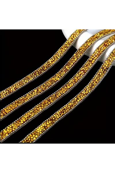 OZN AKSESUAR Iron-On Chain Rhinestone Strip, Adhesive Rhinestone Strip Evening Dress Rhinestone Strip, 2 Mt 1,5cm Gold