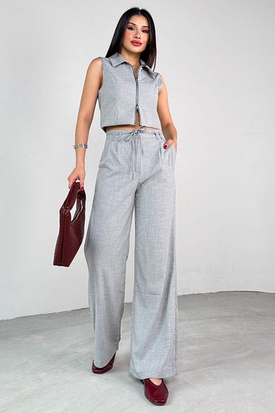 Cappmoda Tkm-25102 Gray Zero Sleeve Zippered Shirt Collar Vest High Waist Pants Two Piece Set