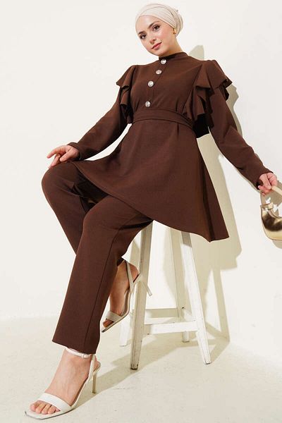 VOLT CLOTHİNG Women's Shoulder Ruffled Button Detailed Two-Piece Suit