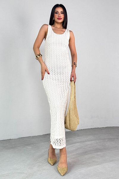 Cappmoda ELB-01781 Καλοκαιρινό φόρεμα με υφή με κρεμ πλεκτό
