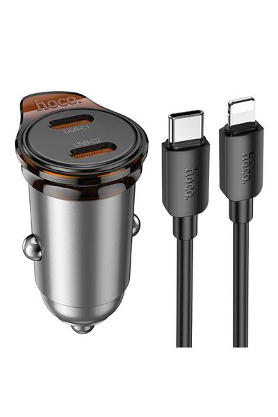REDz Accessories Set încărcător auto iPhone, cablu Lightning Hoco Nz16b 1m, încărcare rapidă 45w, gri